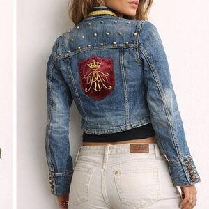 Ralph Lauren Rugby Denim Military Jacket Medium Crest Studded Preppy Chic